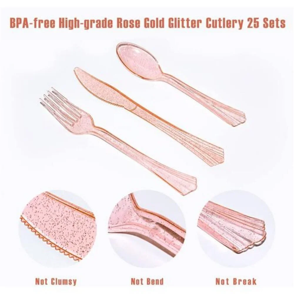 Pink Rose Gold Party Supplies Set for 25 Guests Plates Cups Napkins Cutlery